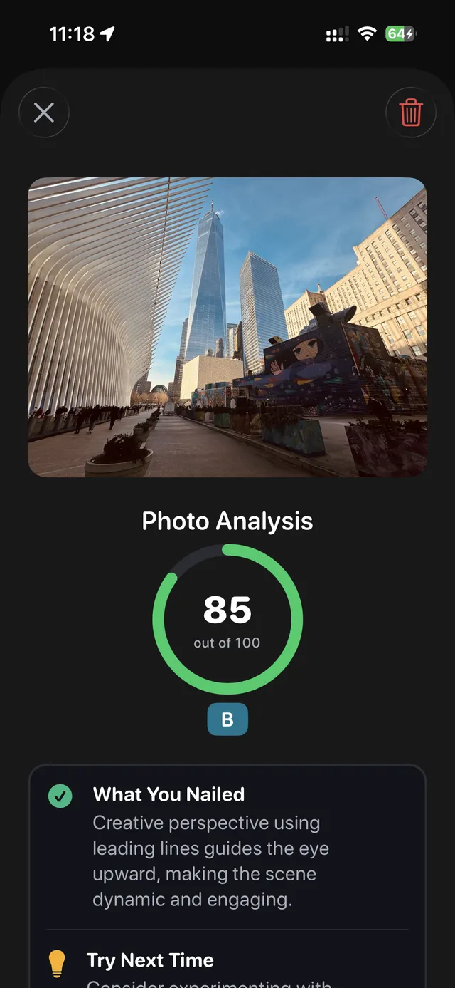 FotoCraft photo analysis with composition score and feedback