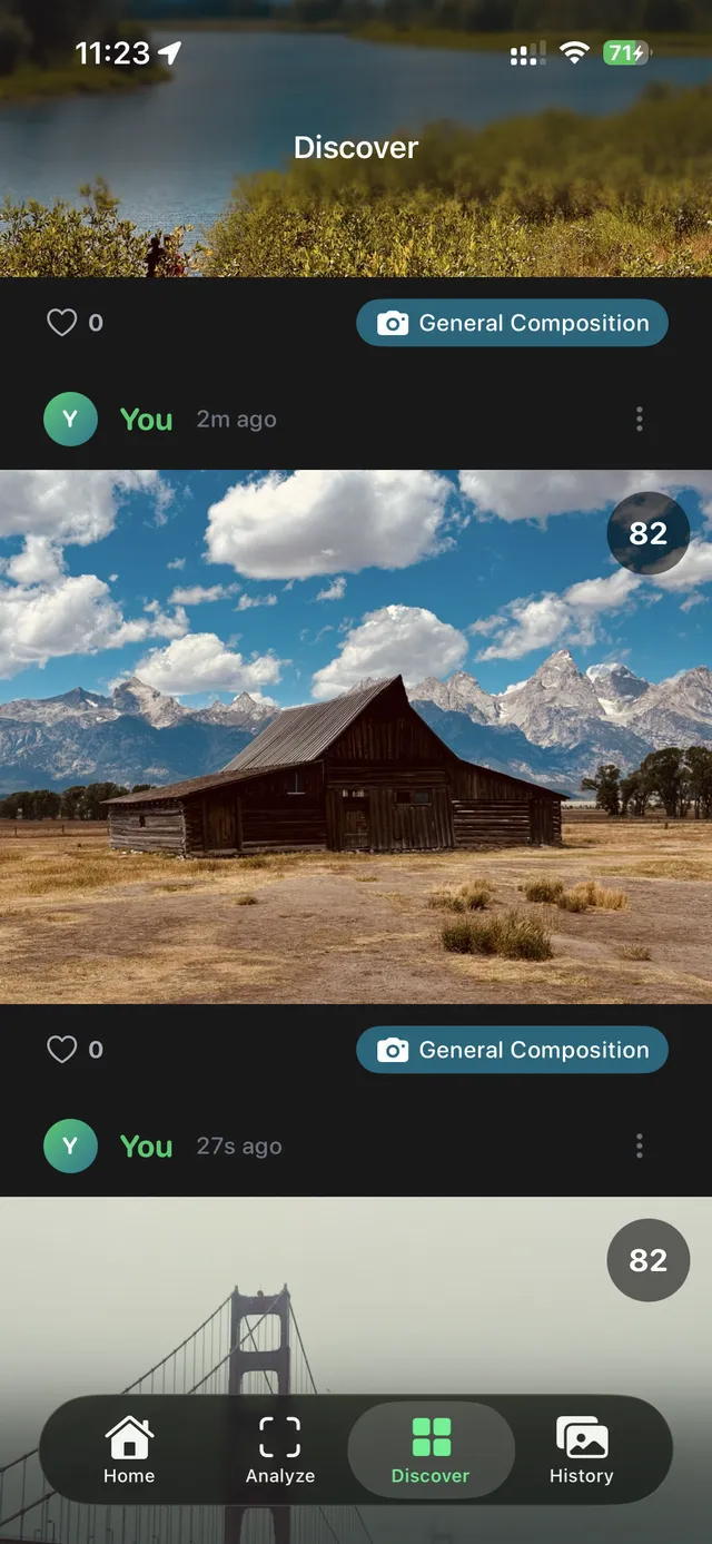 FotoCraft Discover feed with community photos and scores