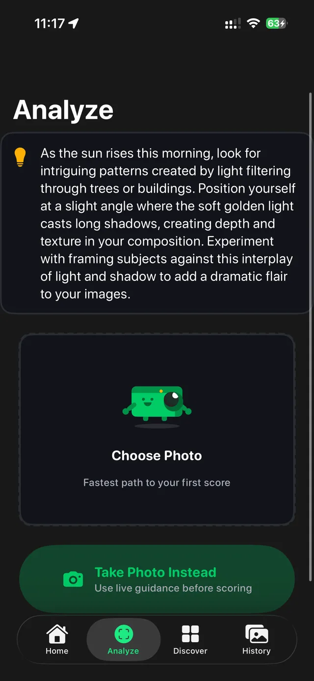 FotoCraft guided capture screen with composition tip and live guidance entry