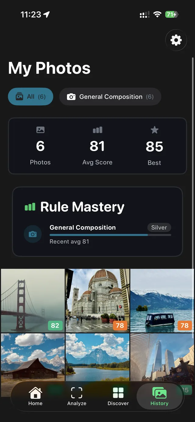 FotoCraft photo history screen with average score, rule mastery progress, and scored photos